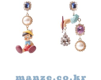 Pinocchio & Geppetto Earrings, Vintage Toy Earrings, Asymmetrical Charm, Fairytale Jewelry, Collector Piece Vintage Toy