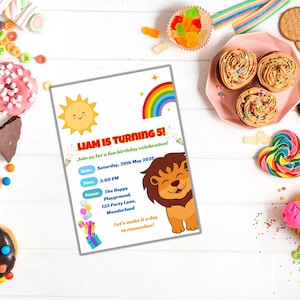 faire-part d'anniversaire garçon | Thème du lion arc-en-ciel | Modèle de toile modifiable | Invitation de fête d'enfants imprimable | Conception mignonne de jungle de safari