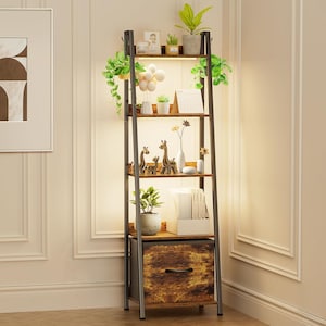 5-Tier Ladder Shelf, Bookshelf with LED Light & Drawer, Rustic Narrow Tall Corner Bookcase with Storage Rack (Rustic Brown)