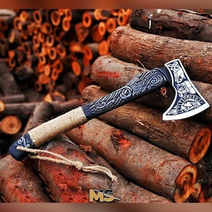 Ragnar Viking Axe - Hand Forged Bearded Axe with Engraved Ash Wood Handle - Nordic Camping Axe - Custom Norse Gift for Men