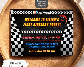 May include: A black and white race car themed birthday party invitation. The invitation features the NASCAR logo, the text "WELCOME TO ELIJAH'S FIRST BIRTHDAY PARTY!", and event details. The design includes a checkered flag pattern and a speedometer graphic.