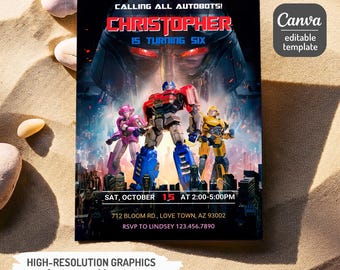 May include: A Transformers-themed birthday party invitation with a black background featuring Optimus Prime, Bumblebee, and other Transformers characters. The text "Calling all Autobots! Christopher is turning six" is at the top of the invitation. The invitation includes the date, time, and location of the party.