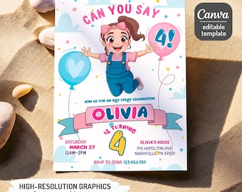 May include: A birthday party invitation featuring a cartoon girl with a pink bow and overalls, holding balloons. The invitation includes the text "Can You Say 4!" and details for Olivia's party, including the date, time, and location.