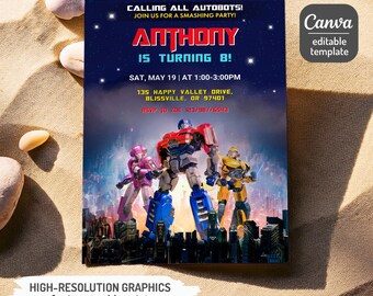 May include: A blue and red Transformers birthday party invitation with a picture of Optimus Prime, Bumblebee, and Arcee. The invitation says "Calling all Autobots! Join us for a smashing party! Anthony is turning 8! Sat, May 19 | at 1:00-3:00pm 135 Happy Valley Drive, Blissville, OR 97401 RSVP to 206 123/987/6543"