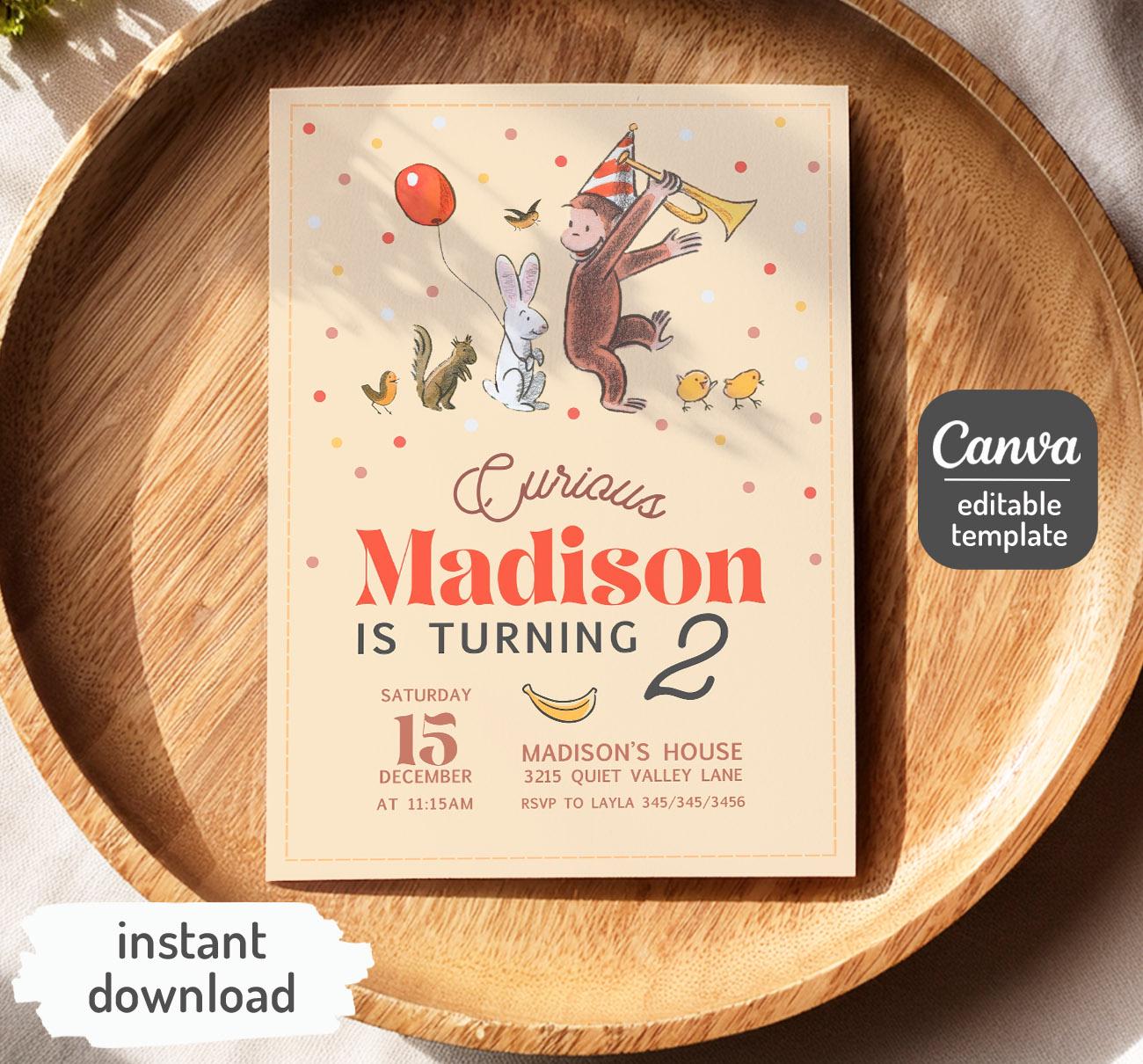 George Michael Invitation Curious George Birthday Invitation, Printable Monkey Invite, Ape Invite ...
