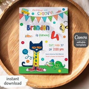 Pete the Cat Birthday Party Invitation, Editable Canva Template (Digital Download)