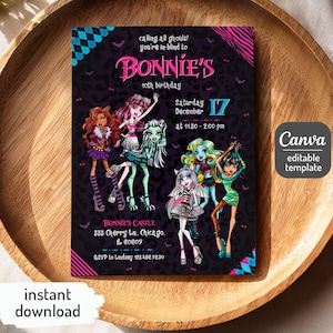 Printable Monster Girl invite, Monster Birthday Party invitation, girls Halloween Birthday Party, Monster Doll invite, girls birthday