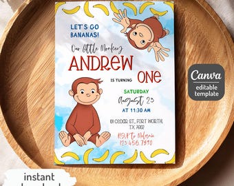 Curious George birthday invitation, printable Monkey invite, Ape invite, Curious George party, boy 1st 2nd 3rd birthday, editable template