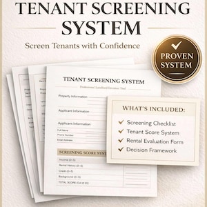 Puede incluir: Un conjunto de formularios de papel blanco titulados "Tenant Screening System" con el texto "Screen Tenants with Confidence". Incluye una lista de verificación, un sistema de puntuación, un formulario de evaluación y un marco de decisión. Las palabras "Instant Download" están en la parte inferior.