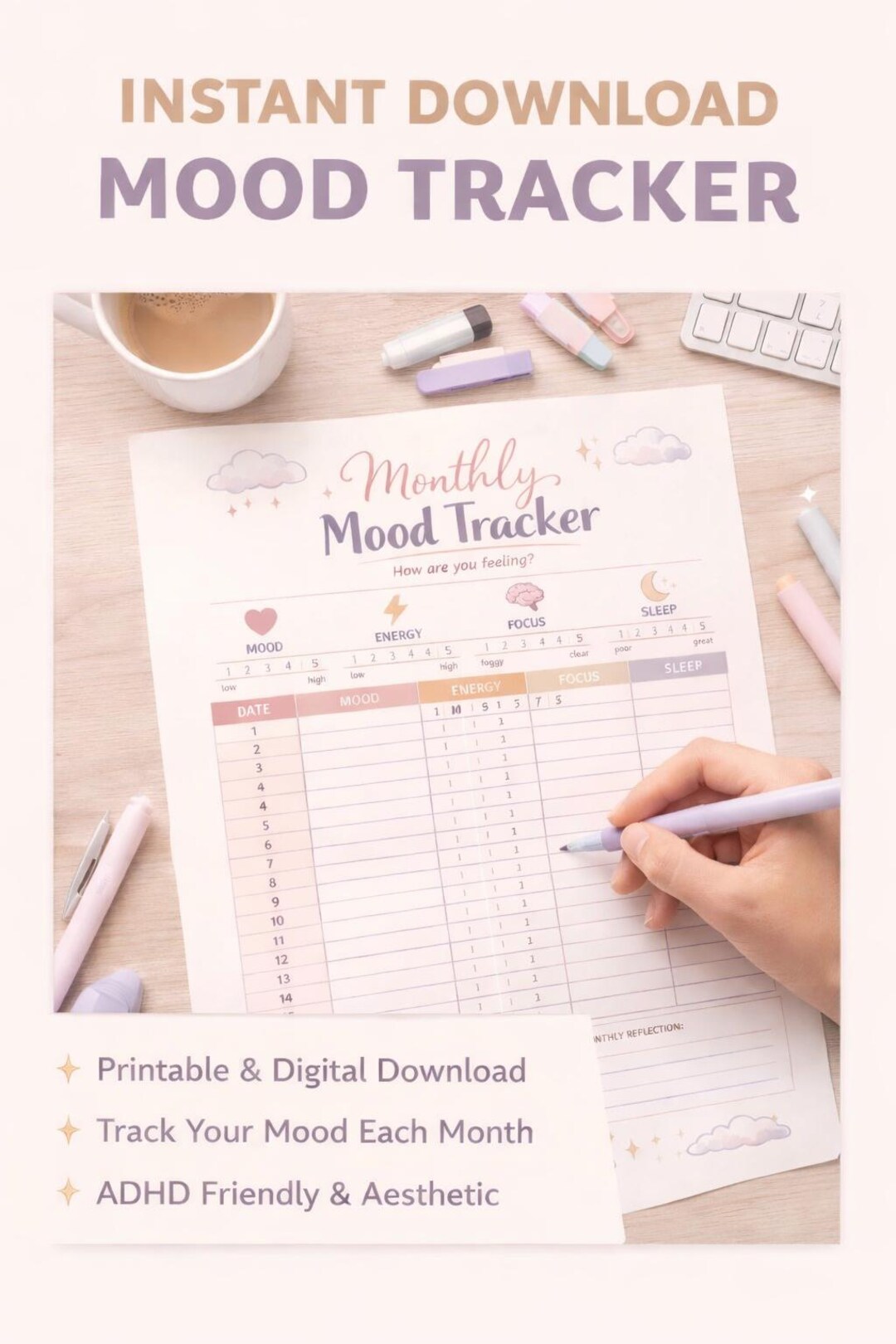 Monthly Mood Tracker | Printable Mental Health Journal | Self-care ...
