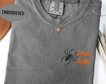 Embroidered Spooky Spider Shirt, Halloween Comfort Colors Tee, Fall Aesthetic T-Shirt, Gift For Her Creepy Cute T-Shirt