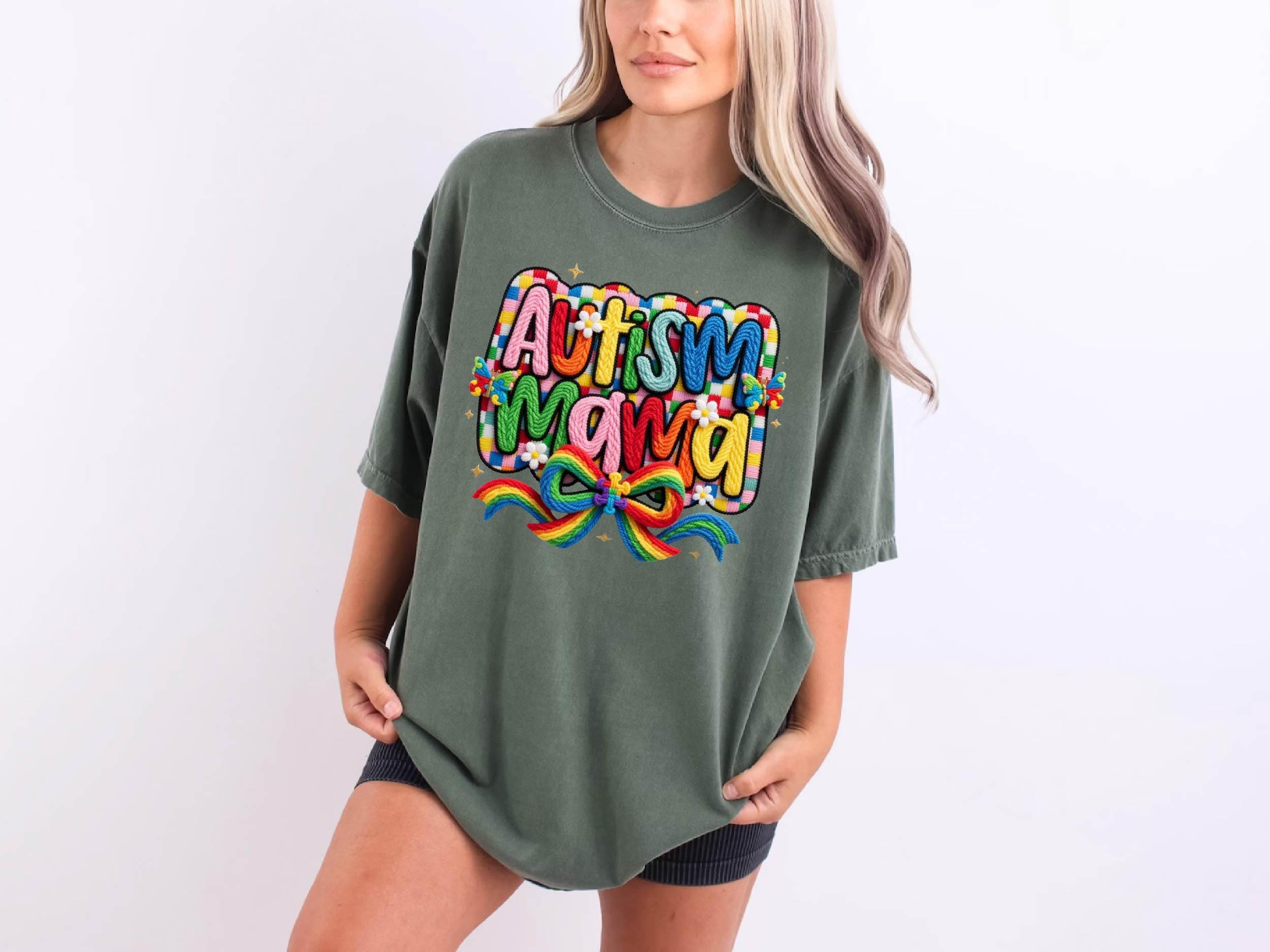 Autism Mama Faux Yarn Shirt, Comfort Colors Tee, Bella Canvas Unisex T-Shirt, Retro Rainbow Autism Awareness Mom Shirt, Not Embroidered