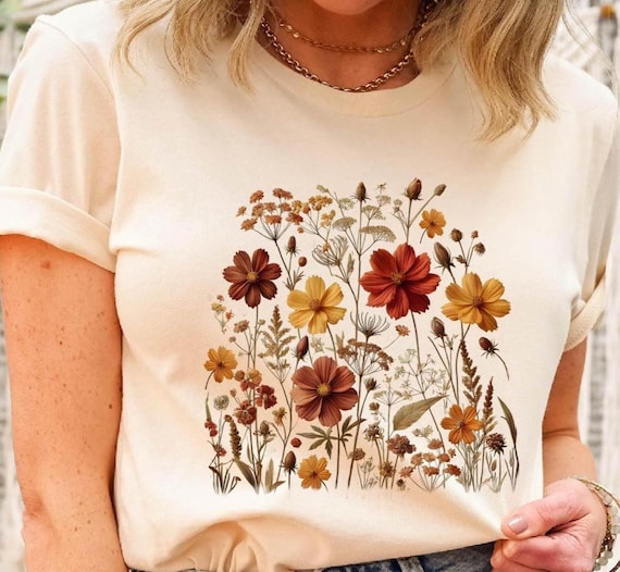Fall Floral Shirt, Brown Flower T-Shirt, Designs Womens Fall Shirt, Fall Wild Flowers Shirt, Fall Flowers Shirt, Fall Tees