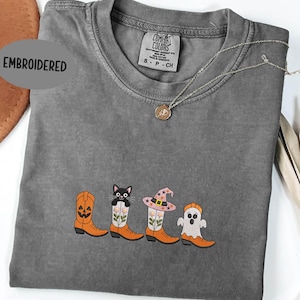 Halloween Western Boots Tee, Embroidered Fall Shirt, Cat Witch Design, Comfort Colors T-Shirt, Halloween Graphic Shirt