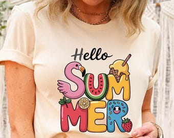 Doodle Hello Summer Shirt, Cute Summer Shirt, Flamingo Shirt, Vacation Shirt, Beach Vacation, Summer Vacation, Vacation Tee, Beach Shirts