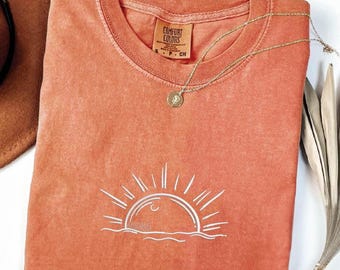 Embroidered Comfort Colors® Sun T-Shirt, Summer Shirt, Beach Shirts, Sunhine T-Shirt, Gift For Woman, Boho Sun Shirt, Sun Shirt