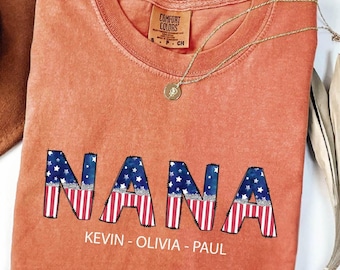 Personalized Nana Patriotic Shirt, Grandma USA Flag With Grandkids Shirt, 4th July Mom Shirt, Mother's Day Gift, Mama Shirt