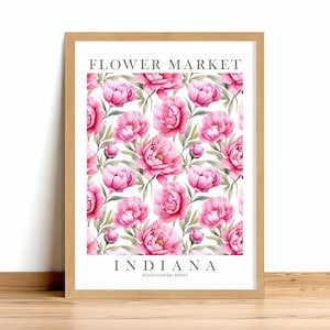Indiana Peony State Blumenmarkt Schlafzimmer Wand Kunst rosa Küche Blumen Badezimmer Druck IN Geschenk für sie Reise Poster, DOWNLOAD