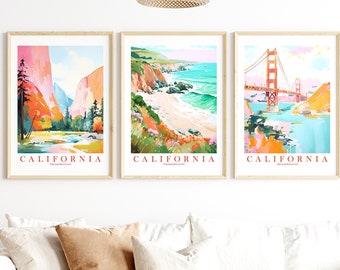 California State Travel Posters, Set of 3 Northern California Wall Art, Yosemite Big Sur San Francisco, Retro Pink Orange Teal Paintings