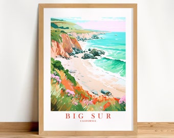 Big Sur California Travel Poster Pacific Coast Wall Art Print Northern CA Retro Pink Orange Turquoise Painting, Instant Download