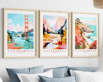 Set of 3 California Posters Yosemite Big Sur San Francisco Wall Art, CA State Retro Pink Orange Teal Paintings, Instant Downloadable