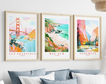 Set of 3 California Travel Posters, Big Sur Yosemite San Francisco Wall Art, CA State Retro Preppy Pink Orange Teal, Instant Download