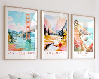 California Travel Posters, Yosemite Big Sur San Francisco, Set of 3 Wall Art, Golden State Retro Pink Orange Teal Paintings