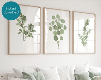 Botanical Print, Eucalyptus Plant Art, Bedroom Art Wall Art, Set Of 3 Prints Bathroom, Plant Lover Gift, Leaf Print Set, Instant Download