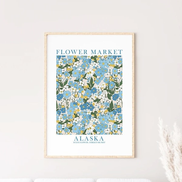 Flower Market Poster Blue Botanical Wall Art Minimalist Home Decor Alaska State Flower Print Forget-Me-Not Matisse Inspired Digital Download