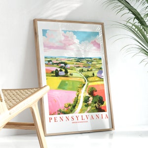 Cartel de viaje de Pensilvania rosa naranja retro PA Keystone estado impresión lema pintado paisaje paisaje dormitorio cocina dormitorio descarga instantánea