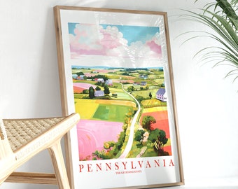 Pennsylvania Travel Poster Pink Orange Retro PA Keystone State Print Motto Painted Scenery Landscape Dorm Kitchen Bedroom Instant Download