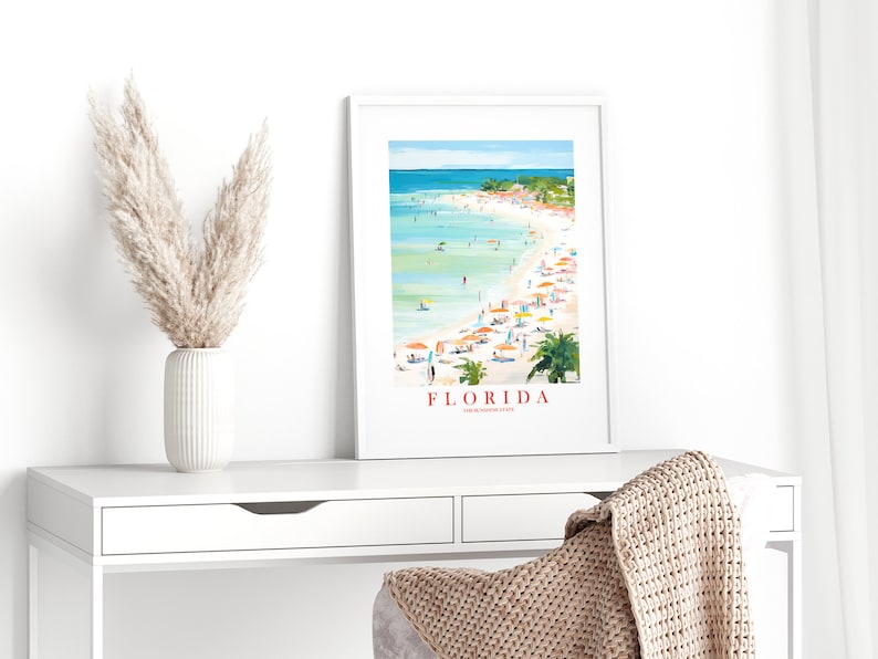 Florida Travel Poster Sunshine State Print Retro Pink Orange Teal Beach Landscape Painting Dorm Kitchen Bedroom Instant Download image 4