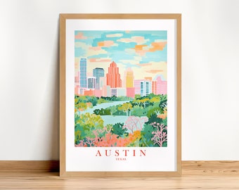 Austin Travel Poster Texas Wall Art Print City Skyline Retro Pink Orange Green Vacation Painting, Printable Download