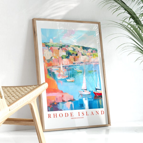 Rhode Island Travel Poster, Harbor Sailboats Wall Art Print Ocean State Retro Pink Orange Teal Vacation Painting, Instant Download