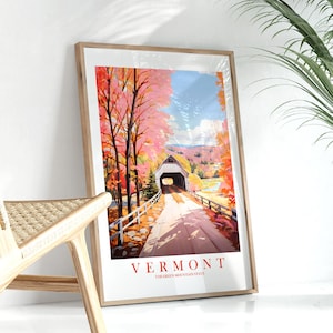 Affiche de voyage Vermont Green Mountain State Rose orange impression rétro VT peinture pont couvert, art mural imprimable