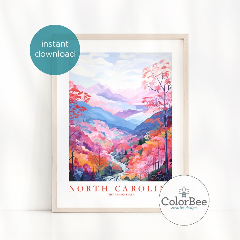 North Carolina Travel Poster Tarheel State Print Retro Pink Orange Blue Ridge Mountains Landscape Painting Dorm Bedroom Instant Download image 2