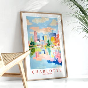 Charlotte NC Print Travel Poster, Retro Pink Orange Blue Painting City Skyline North Carolina, Printable Wall Art Digital Download