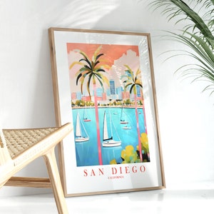 San Diego Print, Pacific Ocean San Diego Bay Southern California Travel Skyline Retro Pink Teal Poster Watercolor, Printable Wall Art