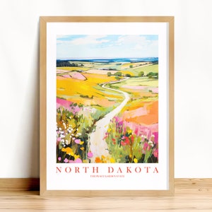 North Dakota Travel Poster Wall Art, Peace Garden State Retro Print Pink Orange Teal Hometown Painting, Instant Digital Download