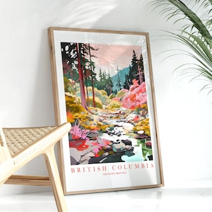 Könnte beinhalten: Eine farbenfrohe Illustration einer Waldszene mit einem Bach, der durch sie fließt. Das Bild ist in einem hellen Holzrahmen gerahmt und trägt den Text "BRITISH COLUMBIA THE PACIFIC PROVINCE" am unteren Rand.
