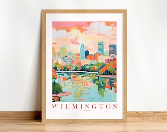 Wilmington Delaware Travel Poster City Print, Retro Pink Orange Teal Painting, Landscape Painting, Instant Printable