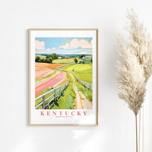 Kentucky Travel Poster, Bluegrass State Pink Green Retro Print Landscape Painting Horses Scenery, Instant Download image 5