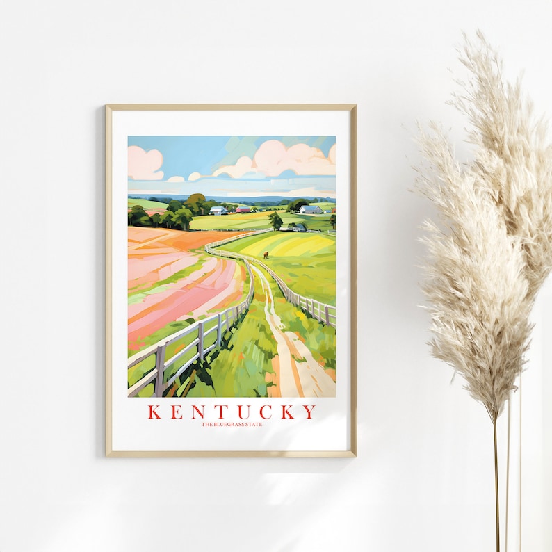 Kentucky Travel Poster, Bluegrass State Pink Green Retro Print Landscape Painting Horses Scenery, Instant Download image 5