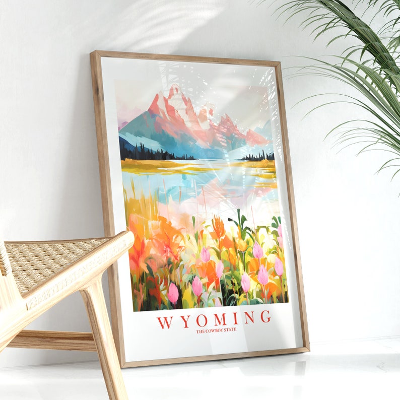 Wyoming Retro Travel Poster Cowboy State Pink Orange Print Grand Tetons National Park Painting Mountains Wall Art, Instant Download image 4