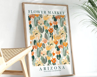 Arizona State Flower Print, Saguaro Blossom AZ Flower Market Wall Art, Yellow Green Orange Floral Picture  Painting, Instant Download