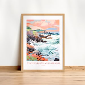 Affiche de voyage de Terre-Neuve, impression d'art mural côtier, style vintage de la province de la Terre-Neuve-et-Labrador, peinture de paysage rose orange sarcelle, téléchargement immédiat