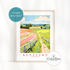 Kentucky Travel Poster, Bluegrass State Pink Green Retro Print Landscape Painting Horses Scenery, Instant Download image 2