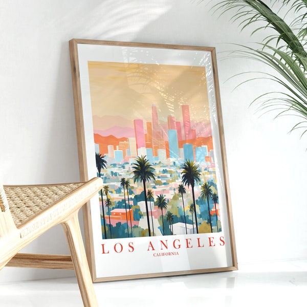 Los Angeles Skyline Poster Retro Peach Pink Teal Orange Downtown Print Dorm Decor Travel Print, Printable Download