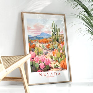 Nevada Reise Poster Silver State Print, Retro Pink Orange Petrol Malerei Wüste Kaktus Berge, digitaler Download