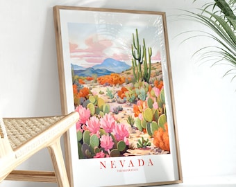 Nevada Travel Poster Silver State Print, Retro Pink Orange Teal Painting Desert Cactus Mountains, Digital Download